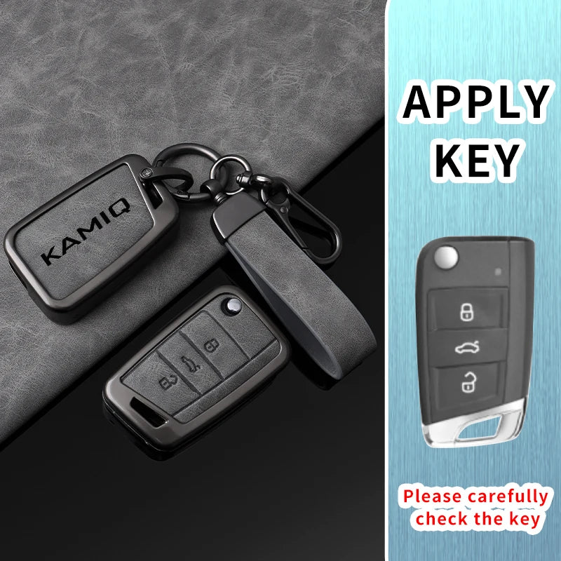 Premium Autoschlüssel Hülle aus Metall &amp; Leder für Skoda Kamiq - Faltbares Keyless Key Case Cover mit Schlüsselanhänger