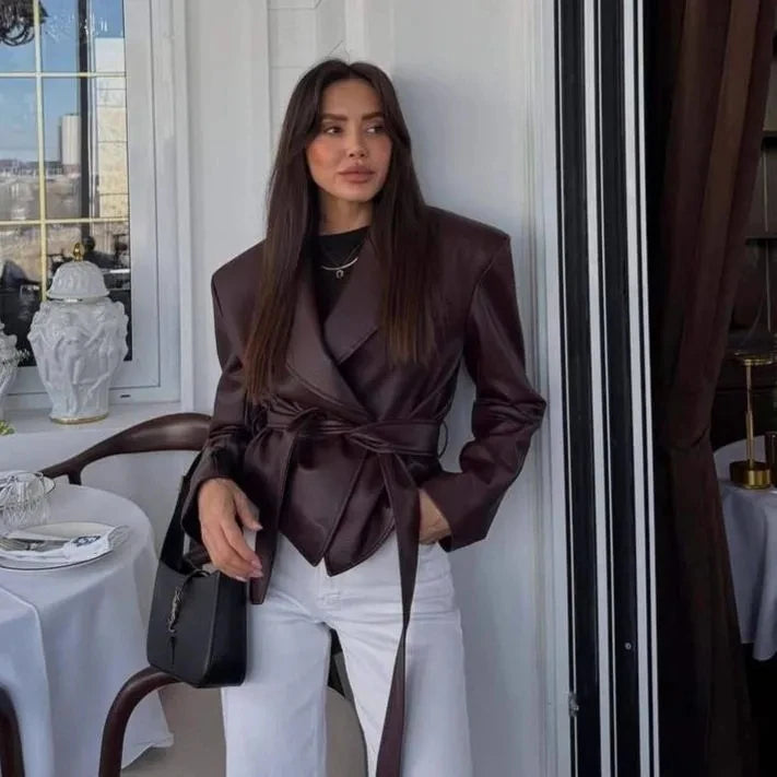 Damen Biker Kunstleder Jacke Herbst & Winter 2025 – Motorrad Lederoptik Mantel mit Gürtel, verstellbarer Taille & Taschen, cooler Casual Style