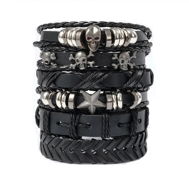 Conjunto de brazalete de cuero multicapa punk: brazalete gótico antiguo con encanto de totenkopf, Augen y Stern en estilo rock Y2K para hombres