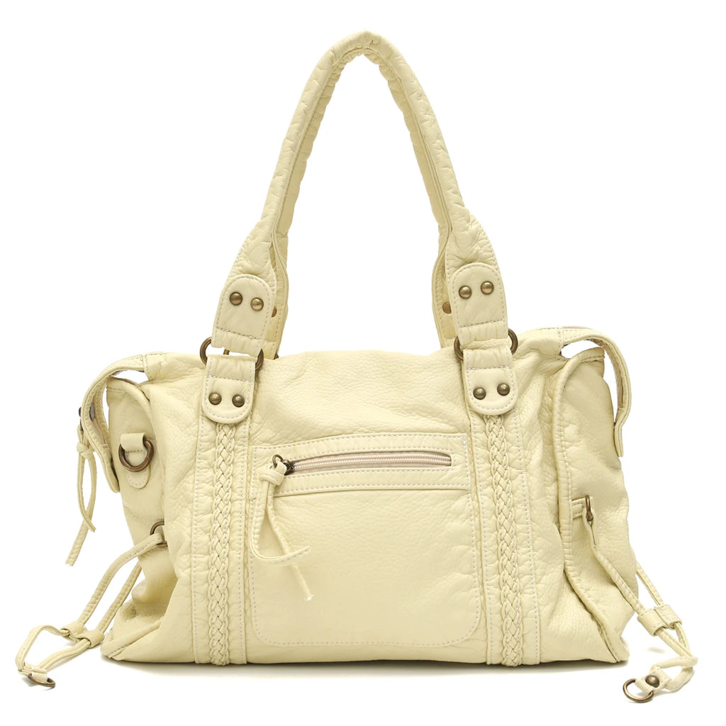 Vintage Tote Bag aus gewaschenem PU-Leder – Große Schulter- & Crossbody Tasche mit Zipperfächern, Flecht- & Quastendetails