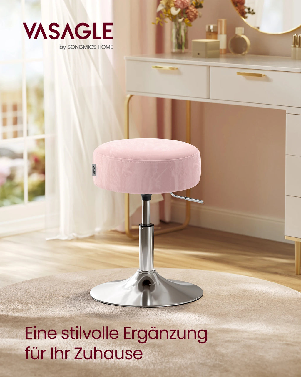 VASAGLE Make-up Hocker aus PU-Leder – Höhenverstellbarer 360° Drehstuhl mit extra dicker Polsterung für Schlafzimmer & Schminktisch
