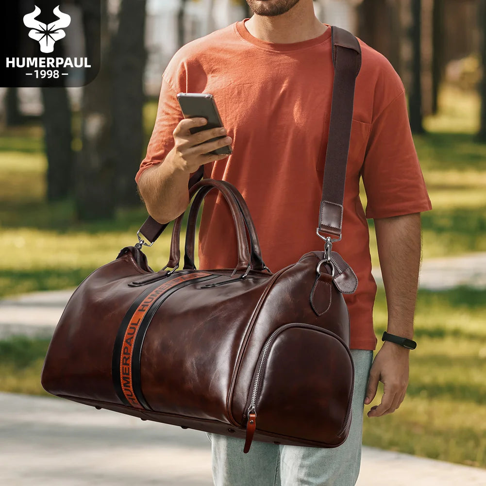 HUMERPAUL Herren Leder Weekender Bag – Große Vintage Reise Duffle Bag aus echtem Rindsleder mit Schuhfach für Business und Kurztrips