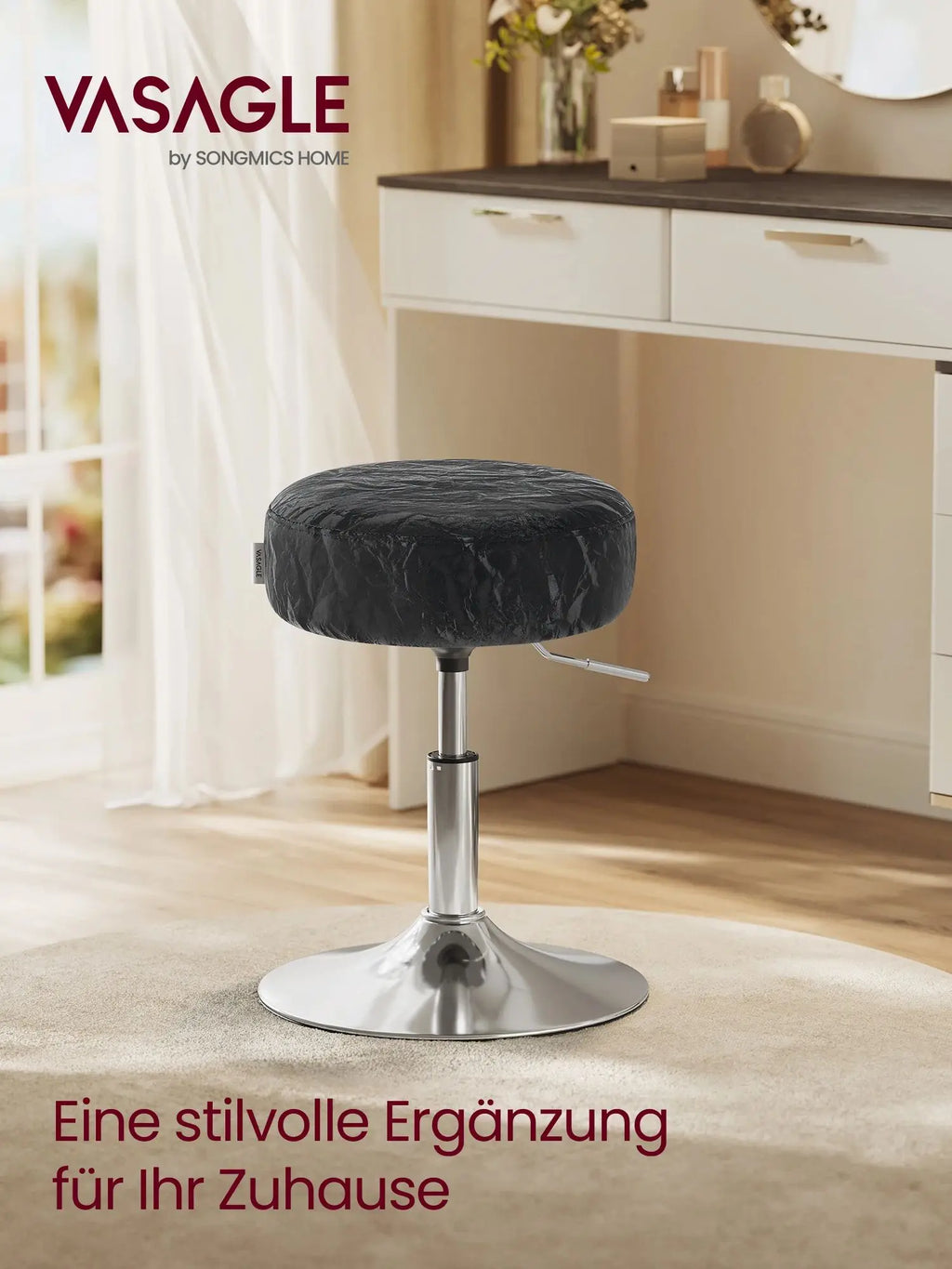 VASAGLE Make-up Hocker aus PU-Leder – Höhenverstellbarer 360° Drehstuhl mit extra dicker Polsterung für Schlafzimmer & Schminktisch