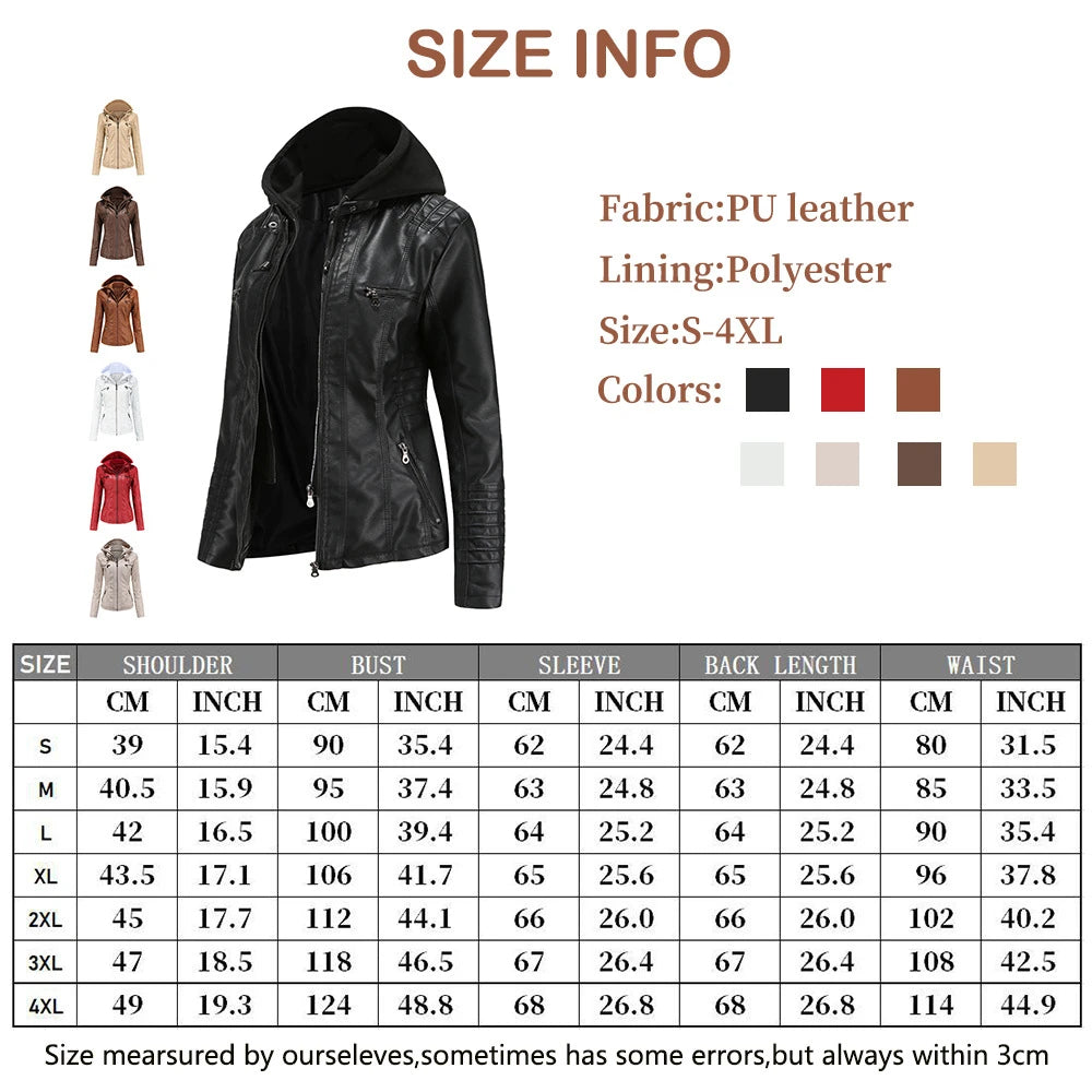 Damen PU Motorrad-Lederjacke mit Kapuze – Schwarze Biker Jacke aus Faux Leather, Herbst & Winter Mantel für Frauen XS–7XL