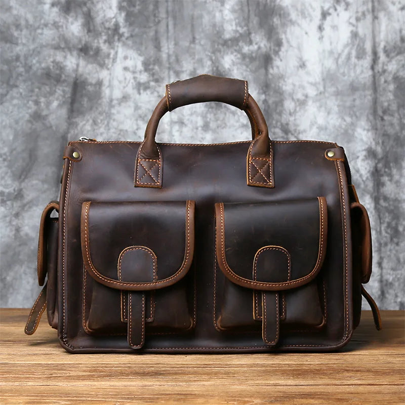 NZPJ Vintage Herren Leder-Aktentasche - Bolso bandolera de piel de vaca Crazy Horse para ordenador portátil, envío y viaje