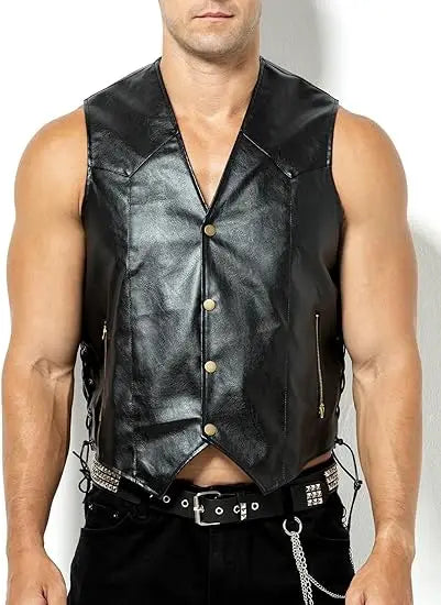 Herren Motorrad Weste aus Kunstleder – Biker Lederweste mit verstellbarer Schnürung & versteckten Taschen, V-Ausschnitt, ganzjährig tragbar