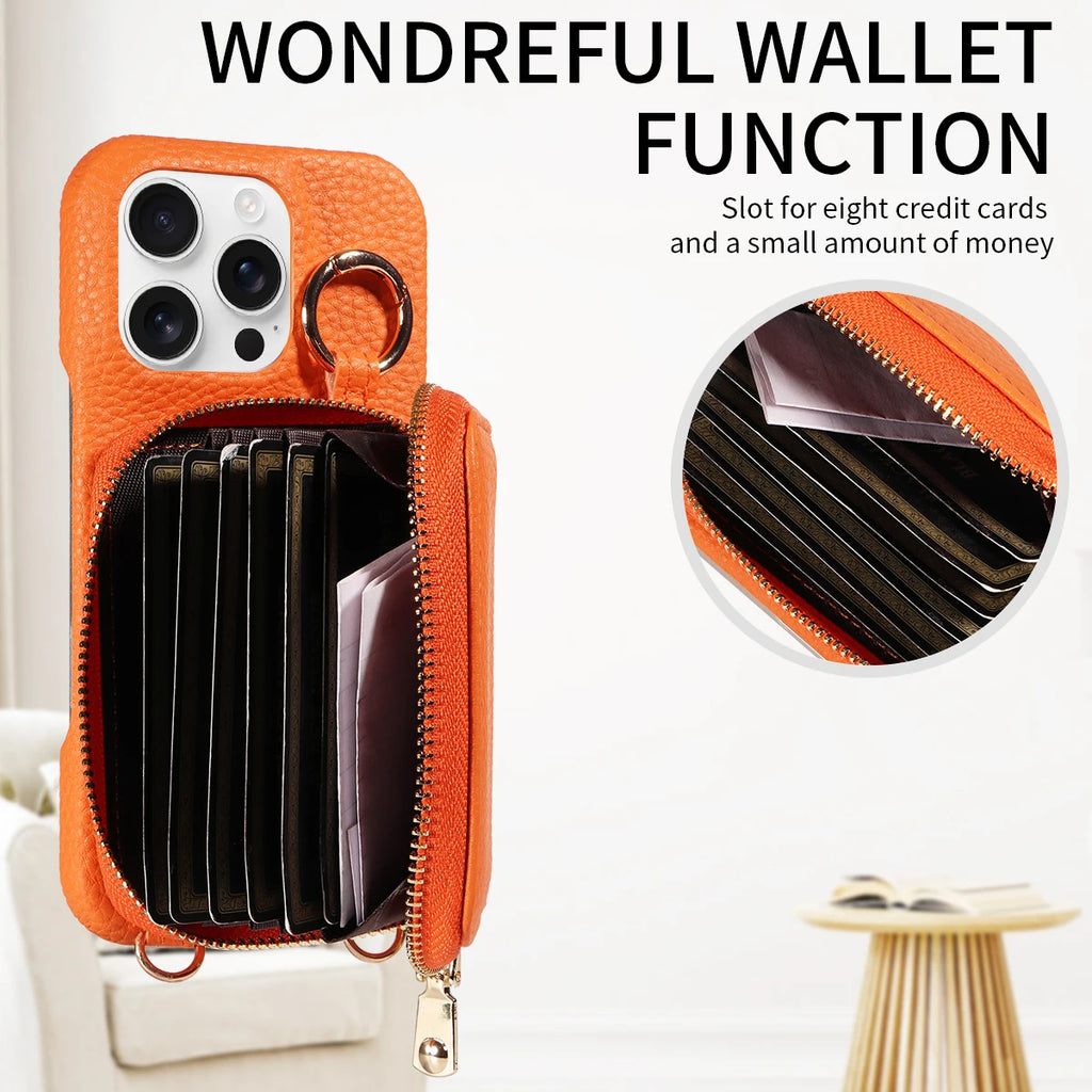 Hochwertige Faux-Leder Umhänge-Handyhülle für iPhone 16e 16 15 14 13 12 11 Pro Max – Crossbody Wallet mit Kartenfach, Stoßfest & Anti-Degaussing