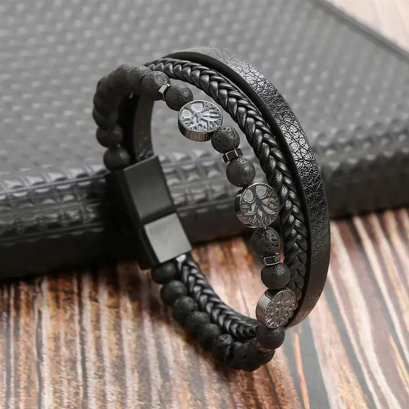 Klassisches Herren Lederarmband – Handgeflochtenes Multi-Layer Armband mit Magnetverschluss im modernen Punk-Style