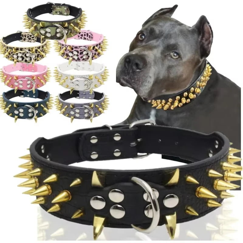 Spikes Hunde-Halsband & Leinen-Set aus Leder – Nieten-Halsband mit Polsterung, verstellbar & robust für Outdoor-Spaziergänge