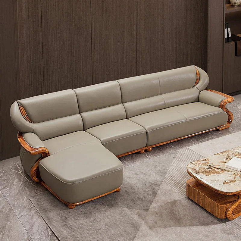 Luxuriöses Ecksofa aus Ebenholz &amp; Echtleder – Nouveau canapé en cuir de style chinois en forme de L, haut de gamme pour les femmes stilvolles