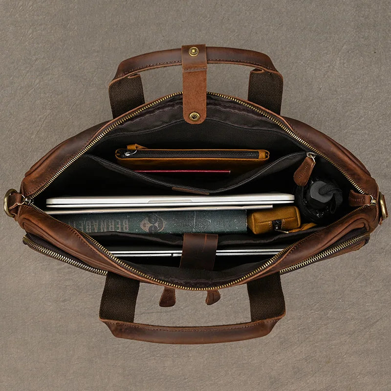 Luufan Herren Leder-Aktentasche - Maletín de cuero Vintage Crazy Horse para portátil de 15,6", bolso bandolera grande para negocios