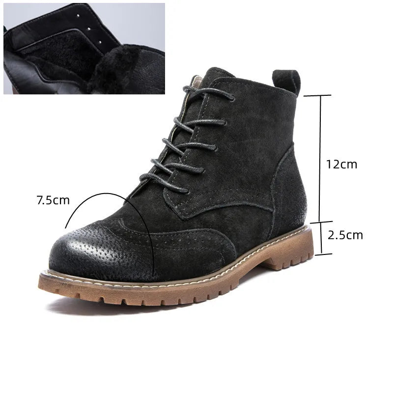 Damen Stiefeletten aus echtem Leder &amp; Wildleder – Britische Retro Ankle Boots mit Schnürung, Fellfutter &amp; niedrigem Blockabsatz (Herbst/Invierno 2025) 