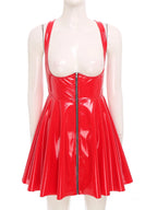 Ropa de cuero de PU con apariencia húmeda y estilo gótico punk: vestido ceñido al cuerpo con cremallera frontal, copas recortadas y una línea A asimétrica 