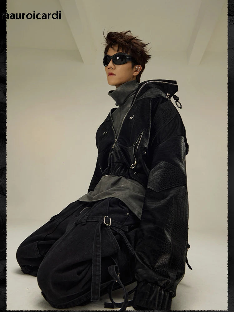 Mauroicardi Herren PU Lederjacke Schwarz – Veste de motard à manches longues et fermeture éclair dans le style streetwear de luxe Y2K