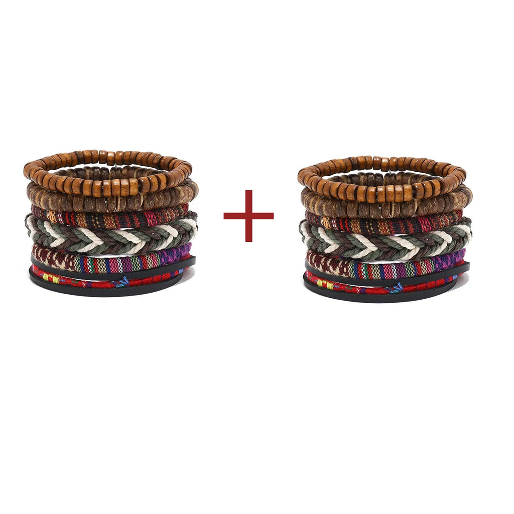 Boho Lederarmband für Herren – Handgeflochtenes Armband mit Holzperlen & Kokosschale, verstellbares Ethno Charm Armband