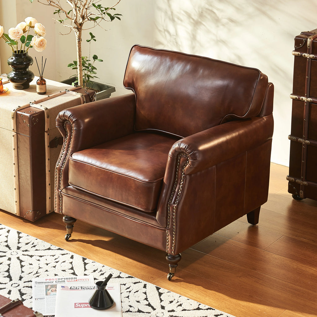 Vintage Leder Sessel im französisch-amerikanischen Stil – Antiker Relaxsessel aus Oil-Wax Leder, Retro Tiger Chair für Wohnzimmer & Lounge