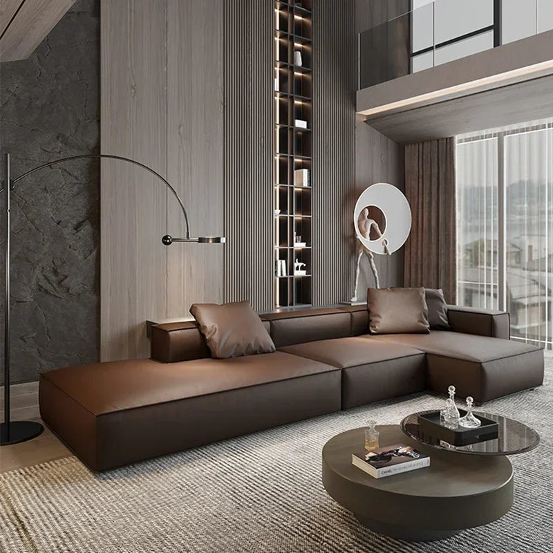 Nordisches Luxus Leder-Ecksofa im minimalistischen Design – Designer Lounge Sofa aus Rindsleder, modernes Relax-Sofa für Wohnzimmer & Salon