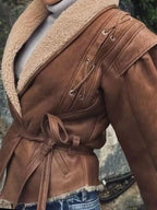 Damen Lederjacke mit Gürtel & Fellkragen – Elegante Streetwear Jacke mit Kapuze, Herbst/Winter Mode