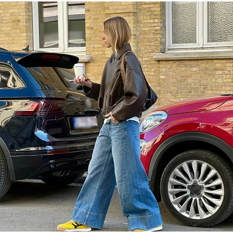 Damen Vintage PU Leder Bomberjacke – American Retro Jacke mit Reißverschluss, Gürtel & Taschen, Loose Streetwear Herbst 2025