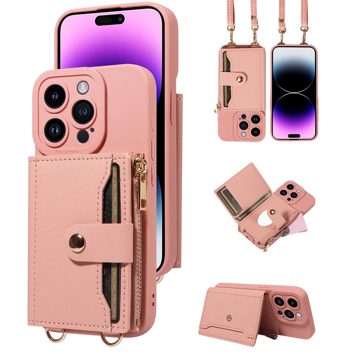 Faux Leder Crossbody Handyhülle für iPhone – Umhängetasche mit Spiegel, Kartenfach & Fallschutz