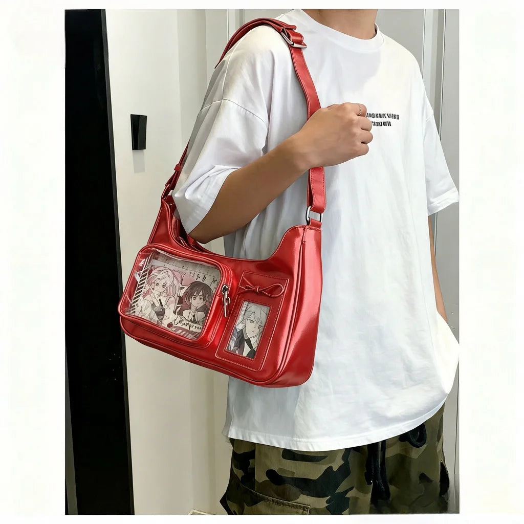Y2K Harajuku Damen Schultertasche – Transparent Ita Bag im koreanisch-japanischen Preppy-Stil mit Schleife, Sac à main bandoulière
