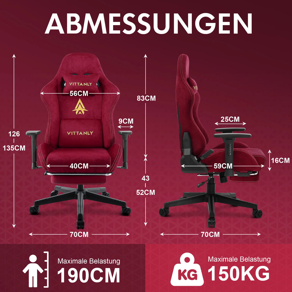 Ergonomischer Gaming Stuhl Rot – Höhenverstellbarer Racing Bürostuhl aus Wildleder mit Drehfunktion, Armlehnen &amp; Rollen 