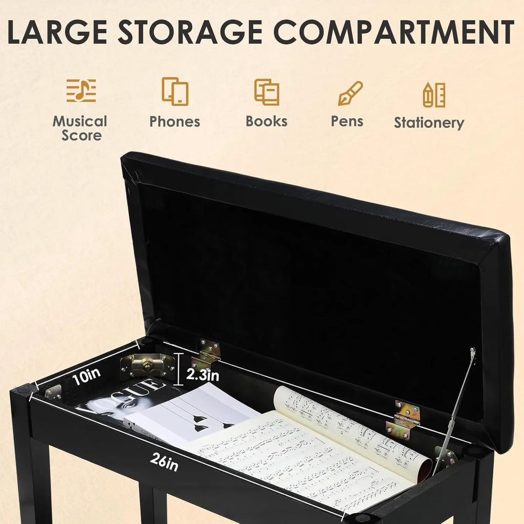 Holz Klavierbank mit Stauraum & gepolsterter Kunstleder-Sitzfläche – Duett Piano Hocker in Schwarz für Noten & Zubehör