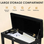 Holz Klavierbank mit Stauraum & gepolsterter Kunstleder-Sitzfläche – Duett Piano Hocker in Schwarz für Noten & Zubehör