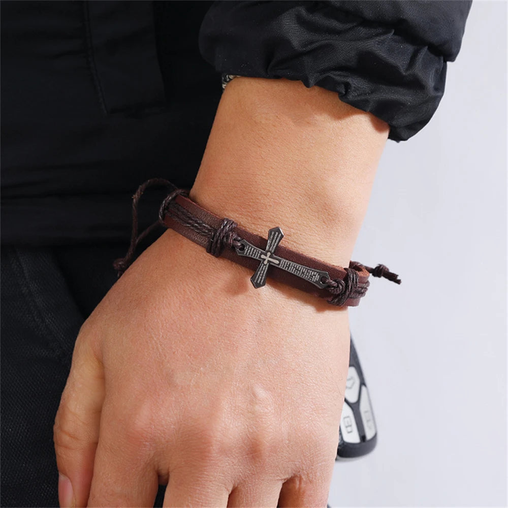Retro Punk Kreuz Lederarmband – Geflochtenes, verstellbares Glaubensarmband für Damen & Herren, christlicher Schmuck im Vintage-Stil