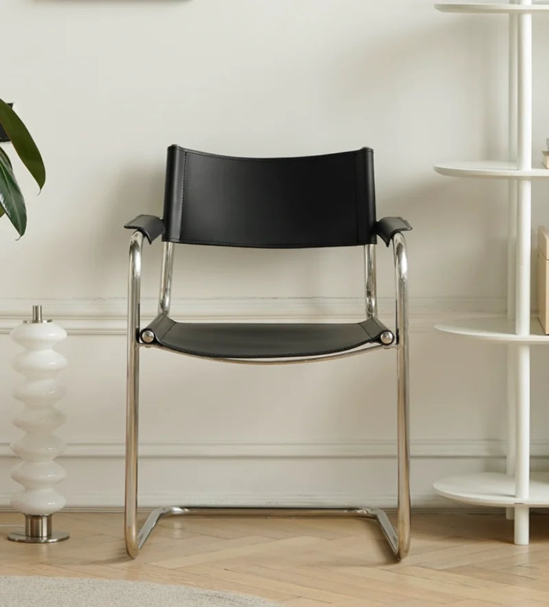 S34 Bauhaus Freischwinger Lounge Chair – PU-Sattelleder & Edelstahlrahmen, Cantilever Armchair für Wohnzimmer