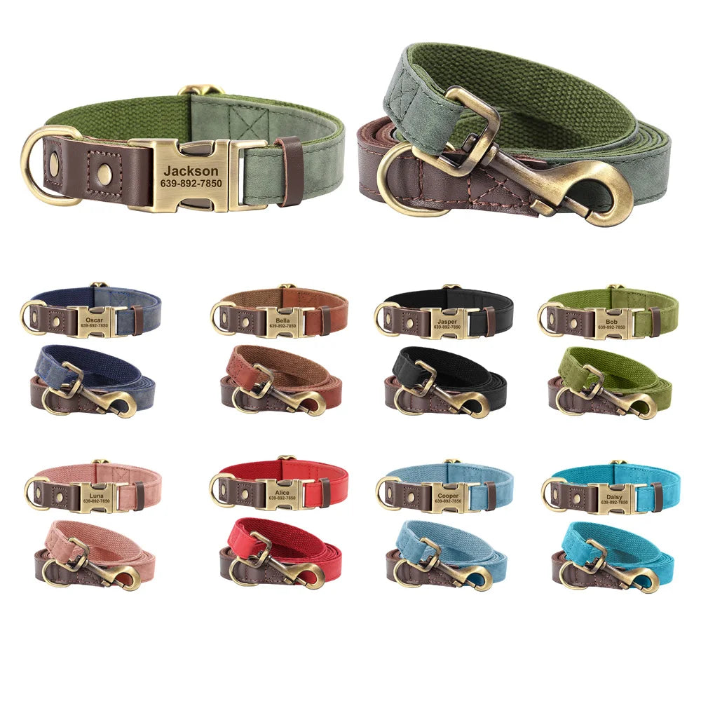 Hundehalsband- und Leinen-Set aus PU-Leder, 9 Farben, personalisiertes Namensschild, Haustierhalsband, Leine für kleine, mittlere und große Hunde