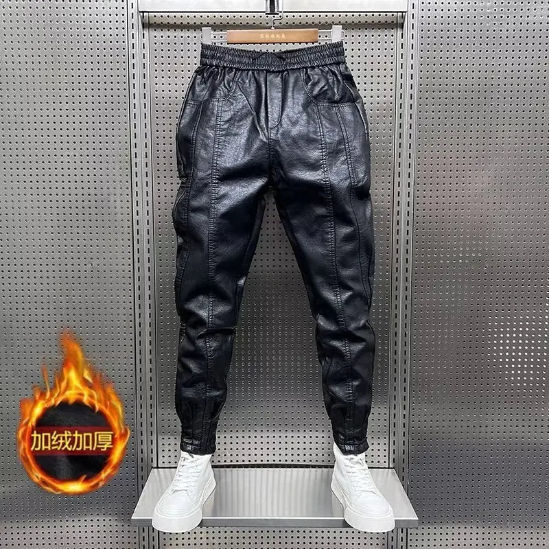 Pantalons d'art hip-hop pour hommes dans le style Harajuku - Pantalons de style streetwear en cuir avec cordon élastique, pantalons sarouel décontractés noirs