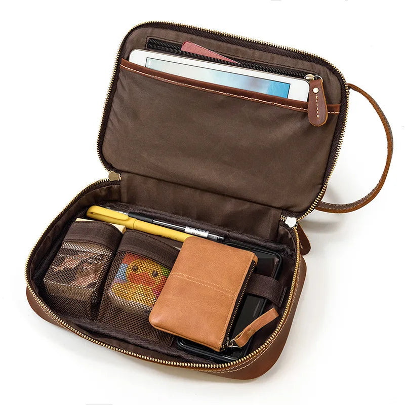 Hochwertige Kleine Reise-Kosmetiktasche aus Crazy Horse Leder – Vintage Leder Wash- &amp; Make-up Bag para hombres 