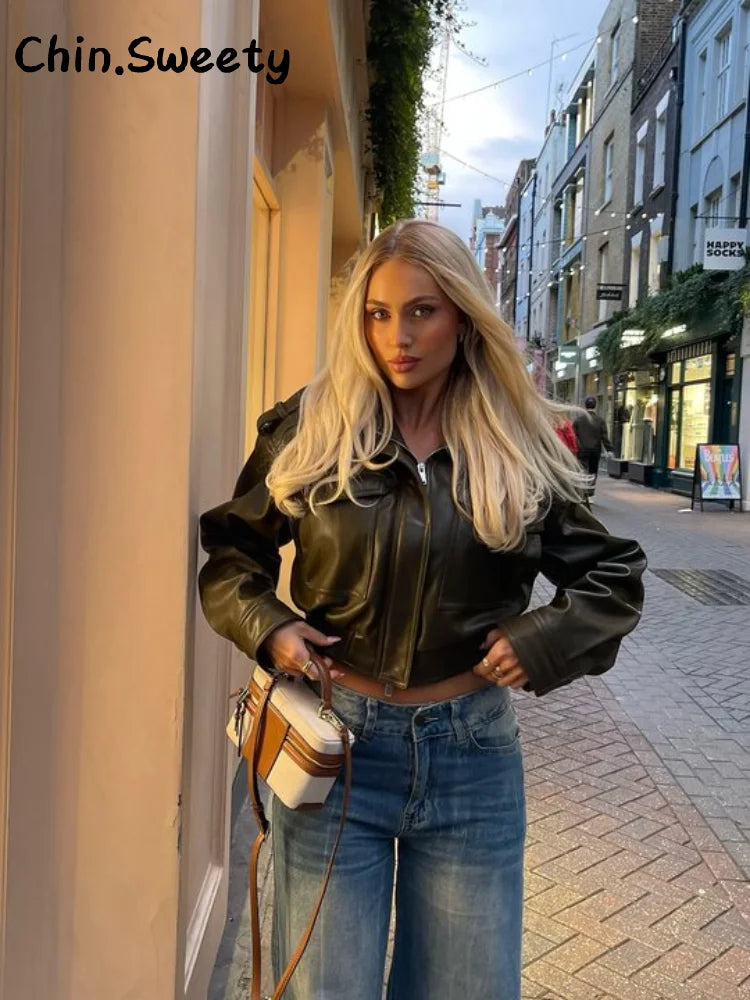 Damen Cropped Kunstleder Jacke Vintage Streetwear 2025 – Kurze High-Street Lederoptik Jacke mit Taschen & Reißverschluss, Herbst/Winter Outwear