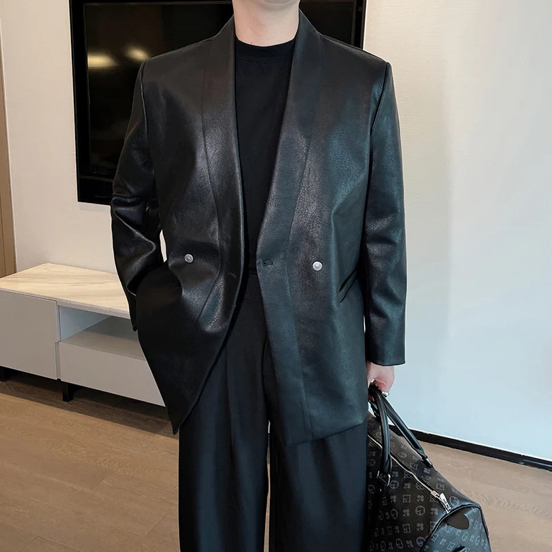 Herren PU Lederjacke Herbst/Winter – Lockerer Double-Breasted Lederblazer ohne Kragen im Casual Style