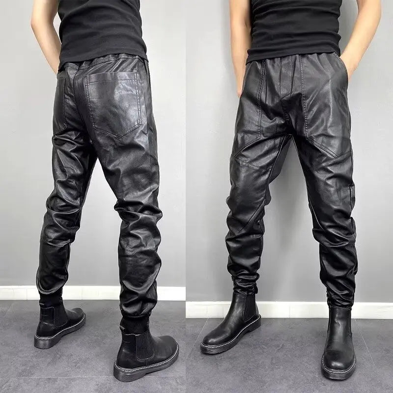 Herren PU Leder Jogginghose mit Kordelzug – Wasserabweisende Kunstleder Harem Pants, warme Casual Winterhose in Lederoptik