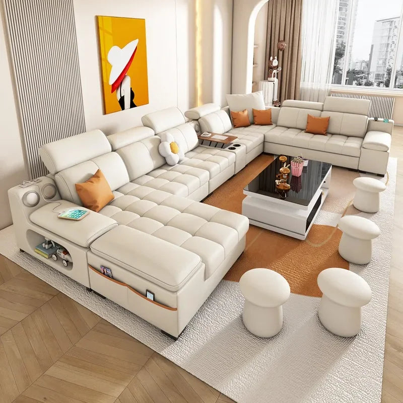 Modernes modulares Ledersofa – Ausziehbares, wasserdichtes L-förmiges Ecksofa mit Armlehne, Schlaffunktion & Stauraum