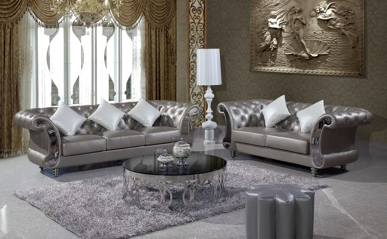 Chesterfield Sofa aus echtem Leder – U-förmiges Luxus Ledersofa mit Schlaffunktion & Kristallknöpfen in Grau