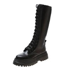 Damen Motorradstiefel aus PU-Leder – Schwarze Mid-Calf Boots mit Schnürung, Plateausohle & markantem Blockabsatz im Punk-Style