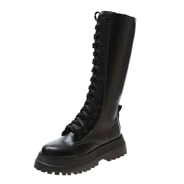 Damen Motorradstiefel aus PU-Leder – Schwarze Mid-Calf Boots mit Schnürung, Plateausohle & markantem Blockabsatz im Punk-Style