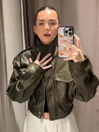 Veste en simili cuir pour femme Loose Fit – Veste courte avec revers et plis, Casual Chic pour Herbst 2025 