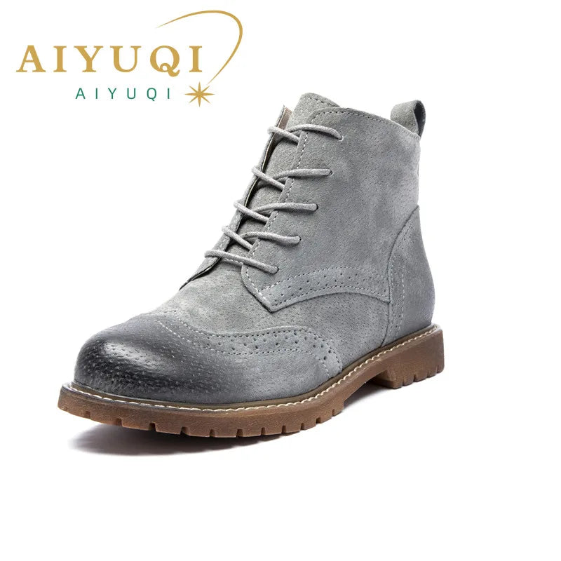 Damen Stiefeletten aus echtem Leder & Wildleder – Britische Retro Ankle Boots mit Schnürung, Fellfutter & niedrigem Blockabsatz (Herbst/Winter 2025)