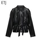 ETJ Damen PU Leder Trenchcoat 2025 – Kurzer Kunstledermantel mit Gürtel, eleganter Casual Lederoptik-Mantel für Herbst &amp; Winter