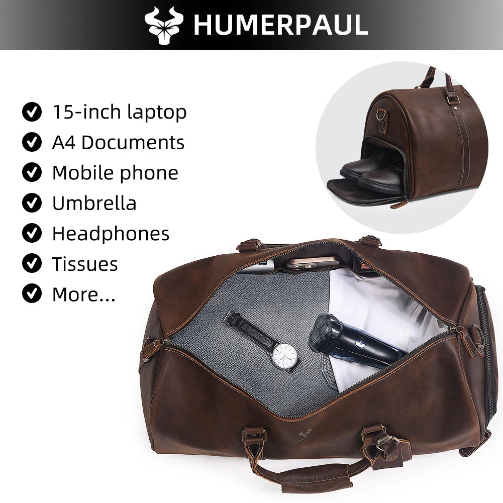 HUMERPAUL Crazy Horse Leder Business Duffle Bag - Bolsa grande con ruedas de grano completo con 15 pulgadas para computadora portátil y funda para portátil