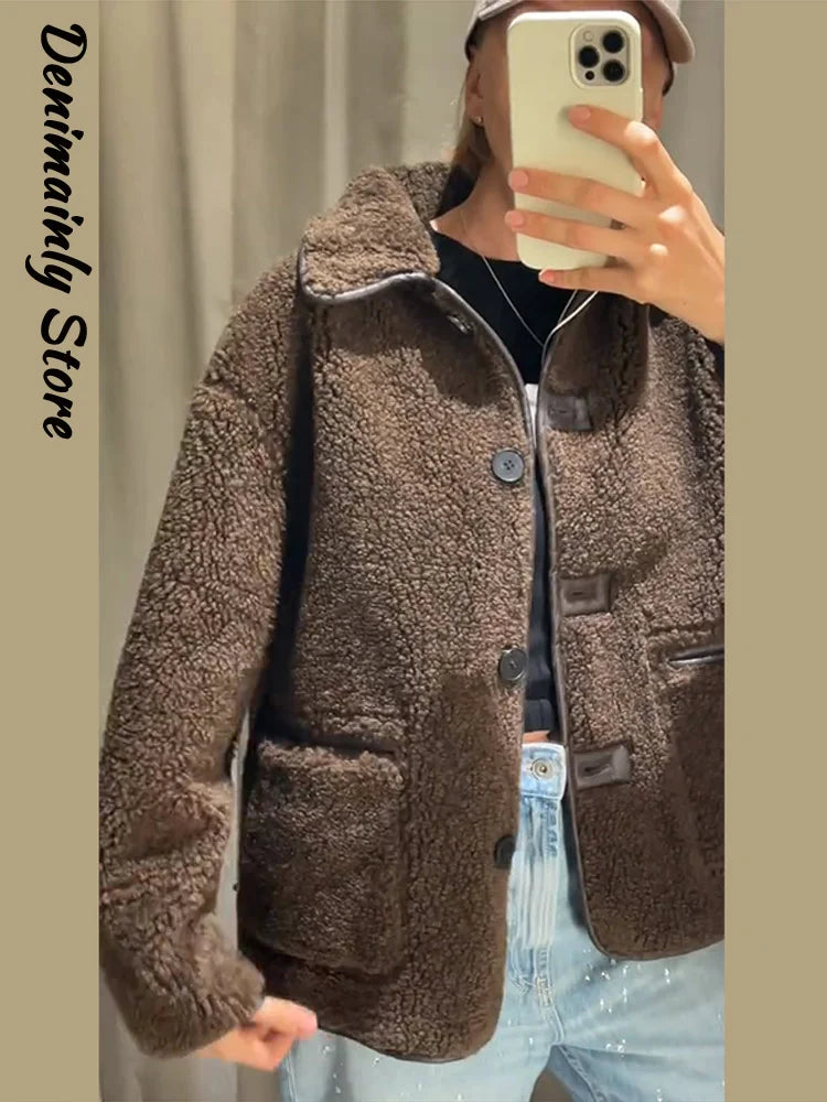 Chaqueta de cuero sintética reversible para mujer con lana de lana – Chaqueta estilo streetwear con chaqueta reversible y botones para hierbas e invierno 