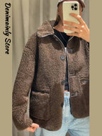 Chaqueta de cuero sintética reversible para mujer con lana de lana – Chaqueta estilo streetwear con chaqueta reversible y botones para hierbas e invierno 