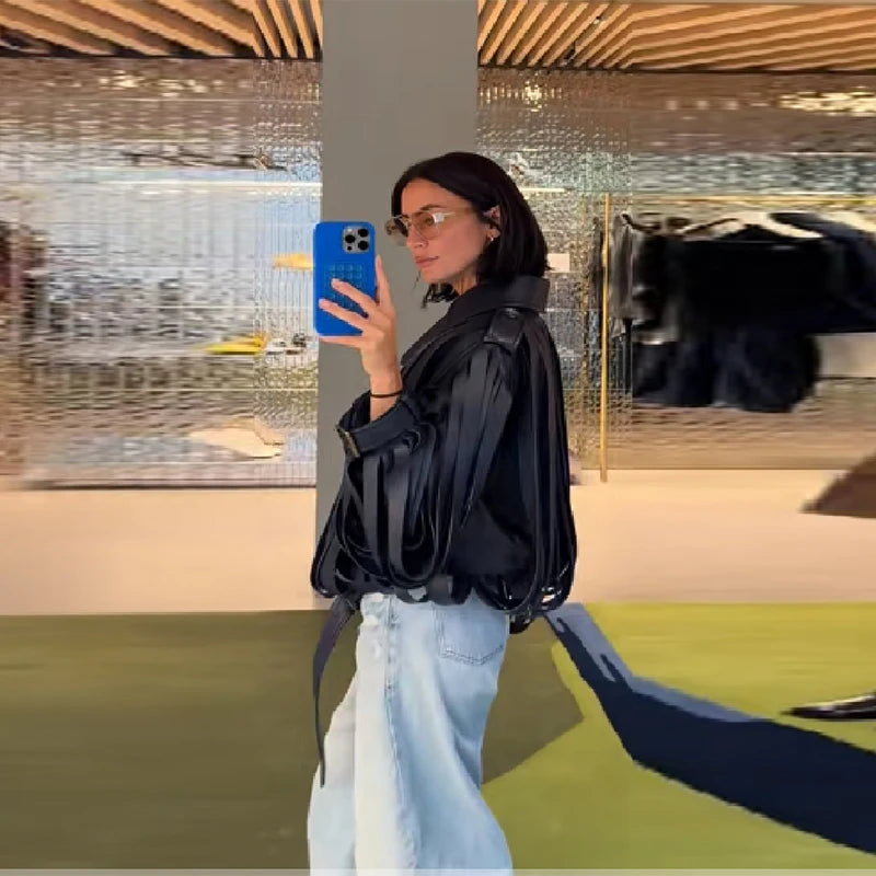 Damen Oversize Kunstleder Jacke 2025 – Chic High-Street Lederoptik mit Reverskragen, Gürtel & Reißverschluss, Retro Streetwear Mantel