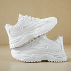 Weiße Damen Chunky Sneaker 2024 – Modische Leder-Sneakers mit dicker Sohle, Bequeme Sport- & Freizeit Schuhe mit Plateau für Frühling & Herbst