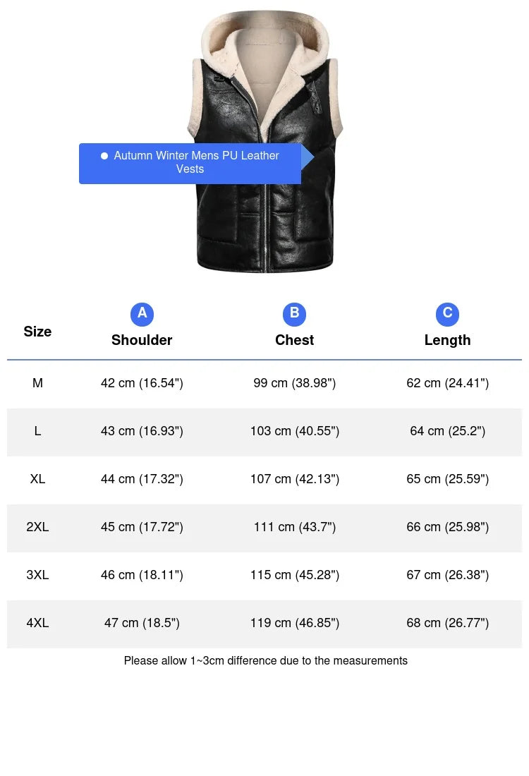 Winter Men's Fleece Warm PU Leather Vests Classical Men Faux Fur Motorcycle Leather Vests Men Windbreaker Hooded Vests Clothing