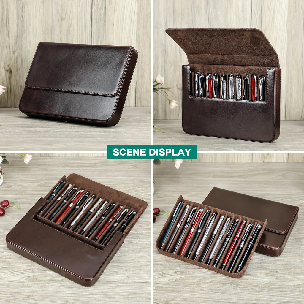 Großes Leder Füllfederhalter Etui mit 12 Steckplätzen – Hochwertiges Pen Case aus echtem Leder für Schule & Büro